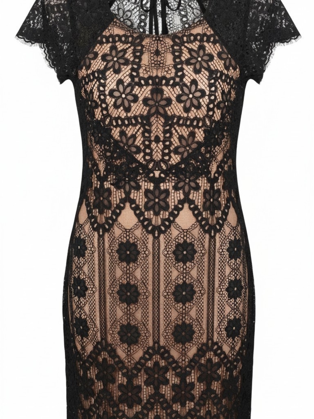 For Love & Lemons Black Floral Lace Midi Dress with Nude Lining Size M